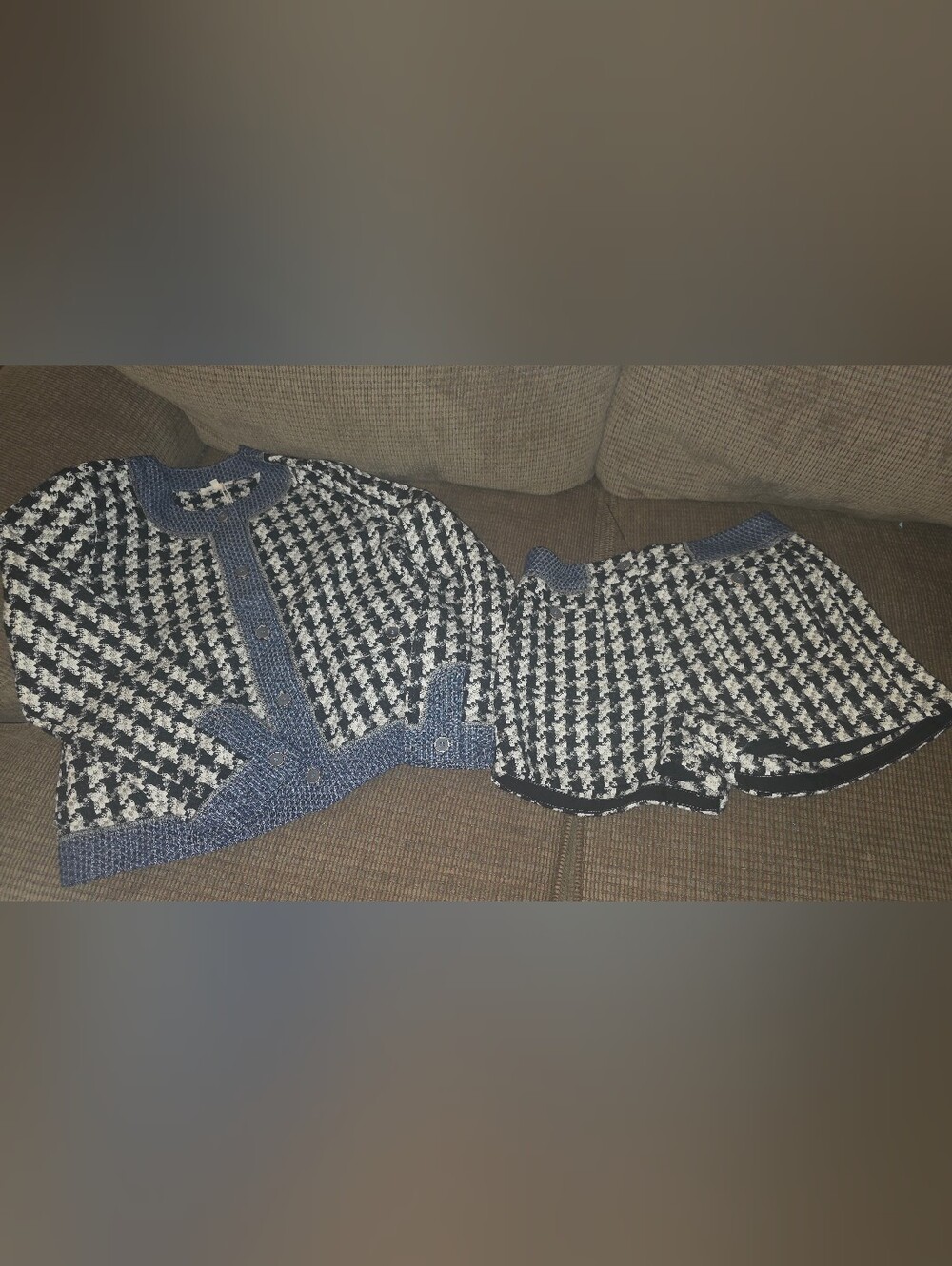 Mystree Black & White Houndstooth Knit Blazer and Short Set with Blue Trim